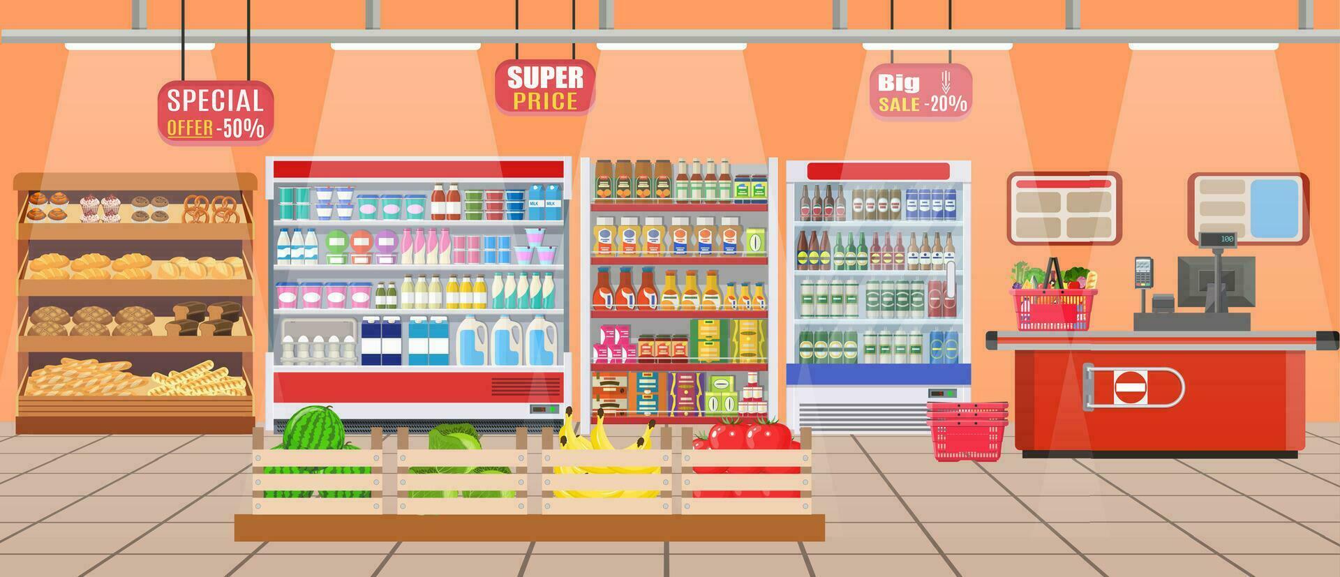 Supermarket store interior with goods. vector