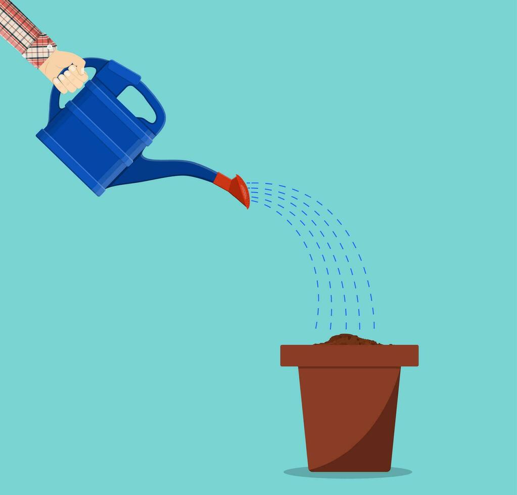 Hand holding watering can watering plant in pot vector