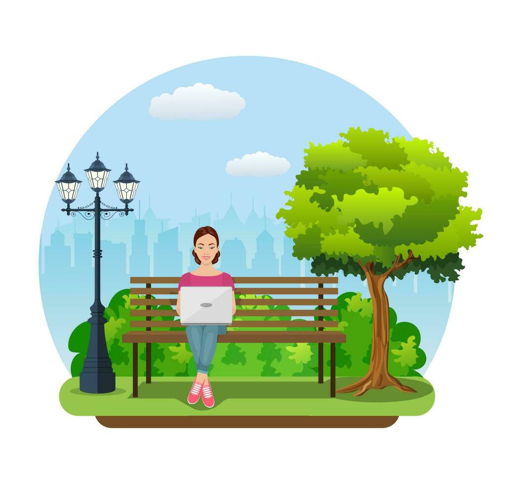 Young woman works in park with computer vector