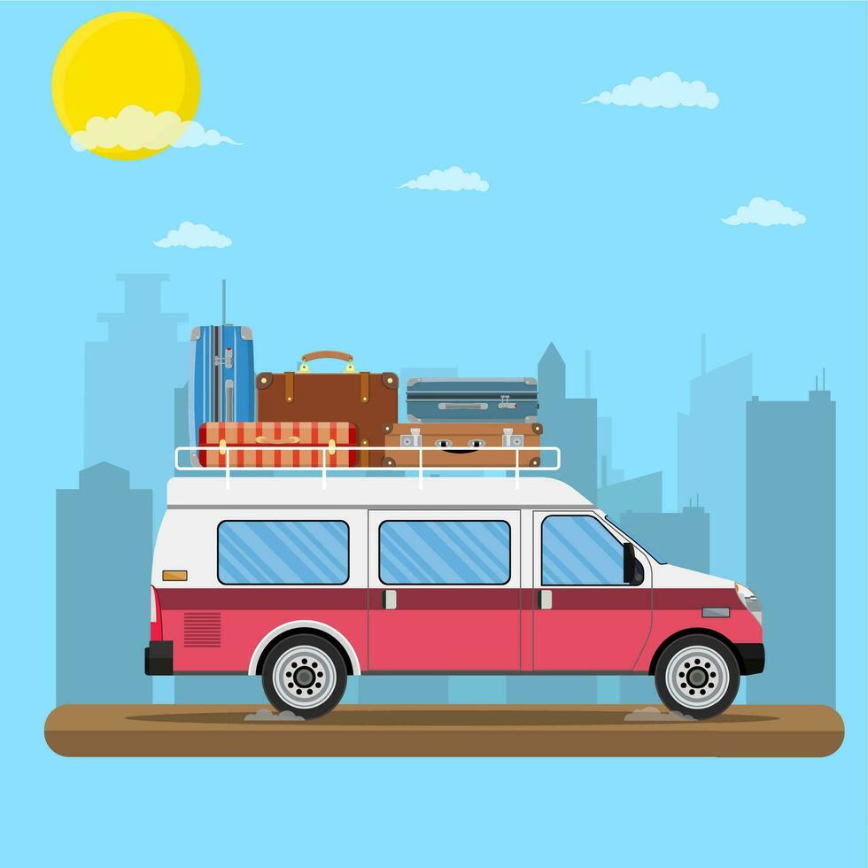 retro travel van car with bag on roof. vector
