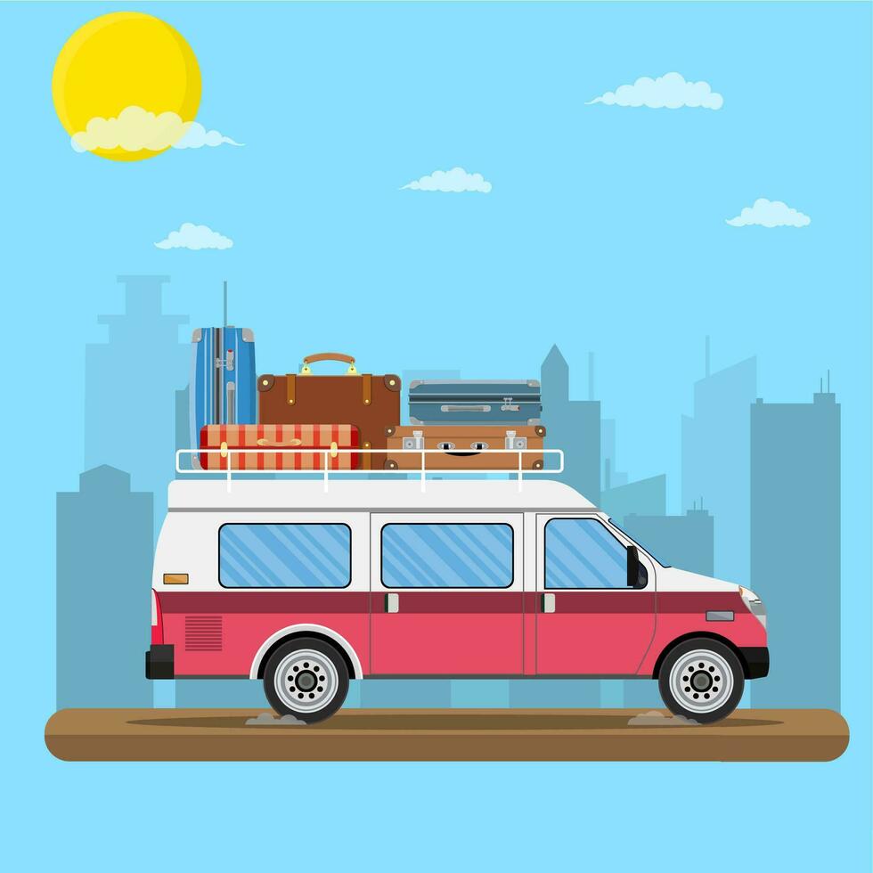 retro viaje camioneta coche con bolso en techo. vector