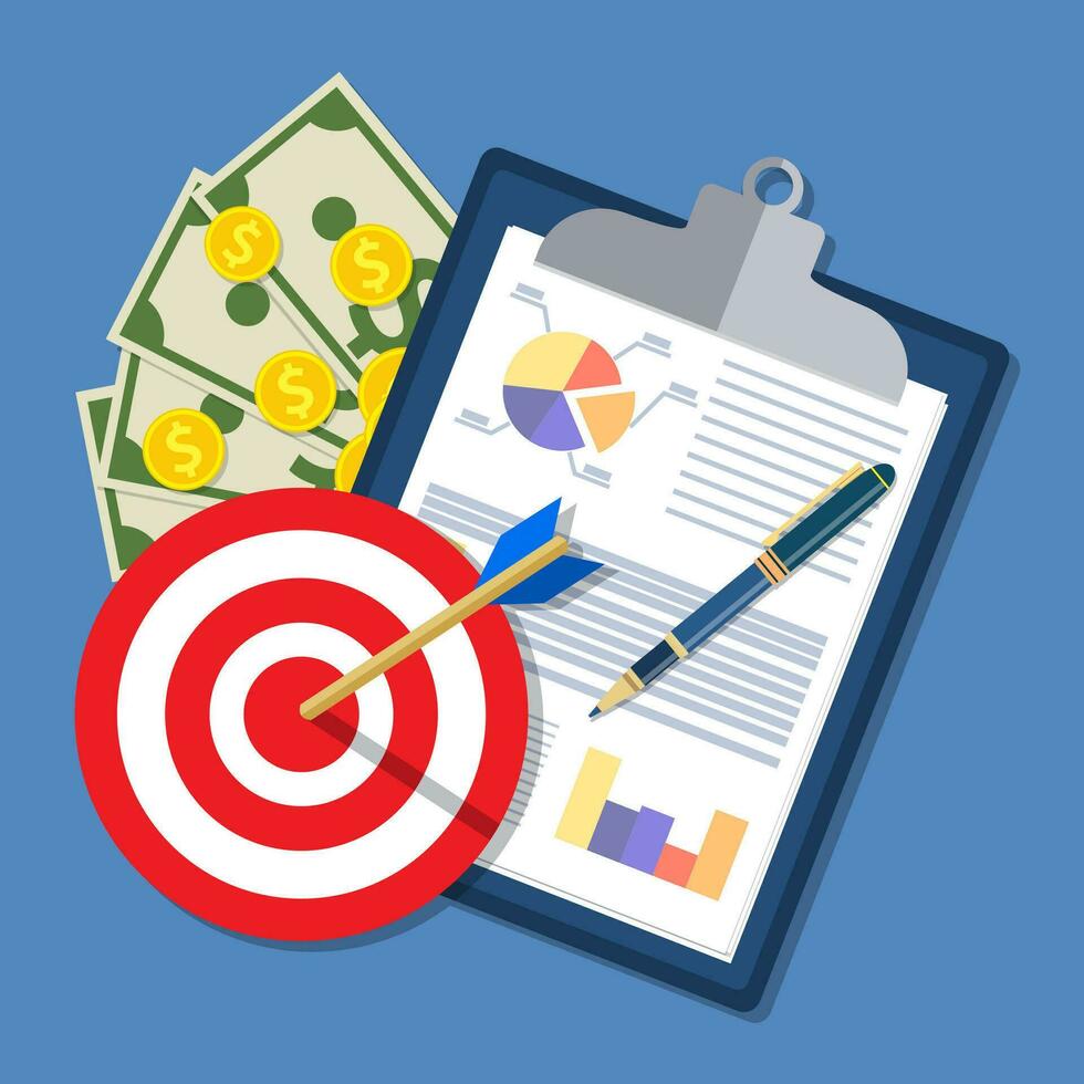 clipboard with financial reports and pen. vector
