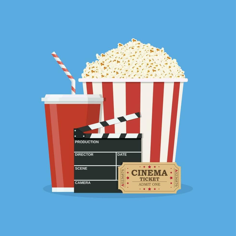 clapperboard and popcorn and ticket movie vector