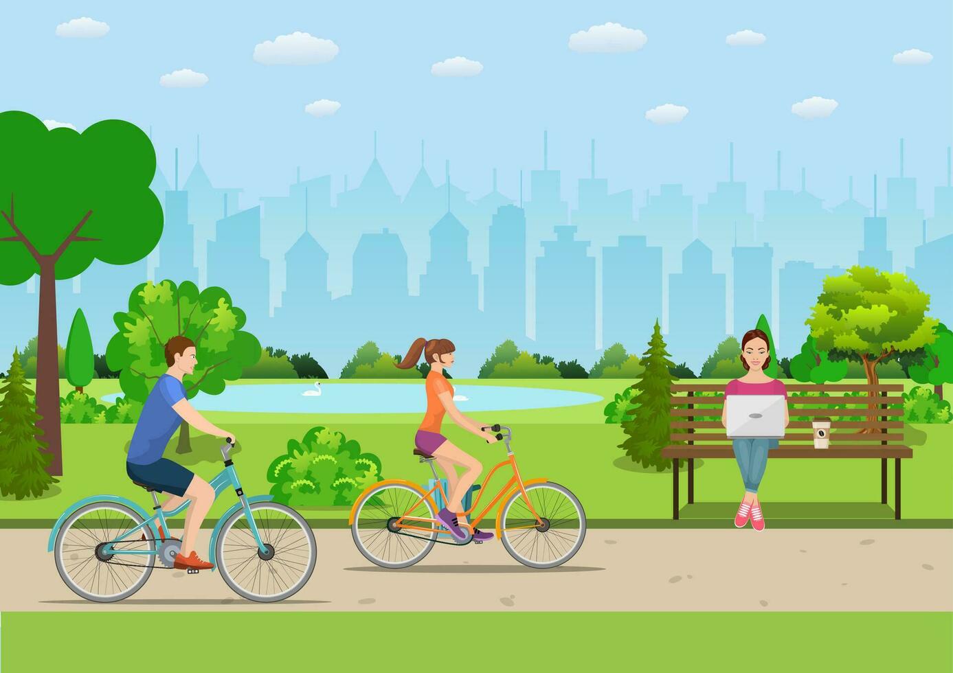 Couple Riding Bicycles In Public Park, vector