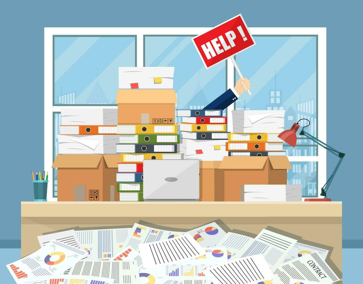 Stressed businessman in pile of office papers vector