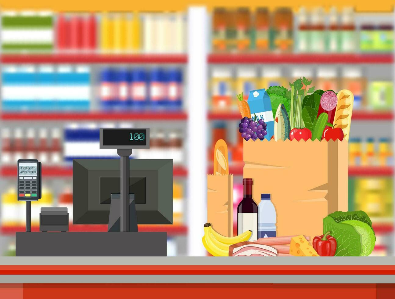 Supermarket store interior with goods. vector