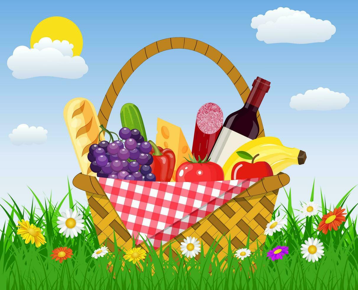 WIcker picnic basket full of products. vector