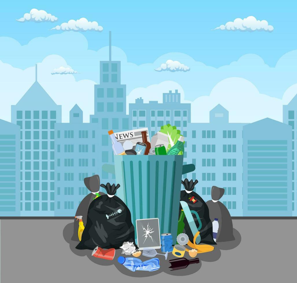 Steel garbage bin full of trash. vector