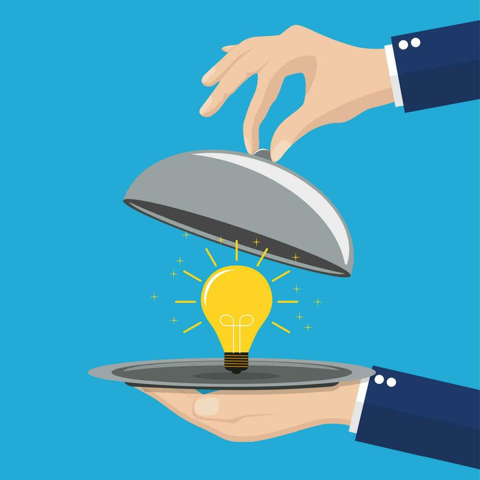 Hands holding platter cloche with yellow bulb. vector