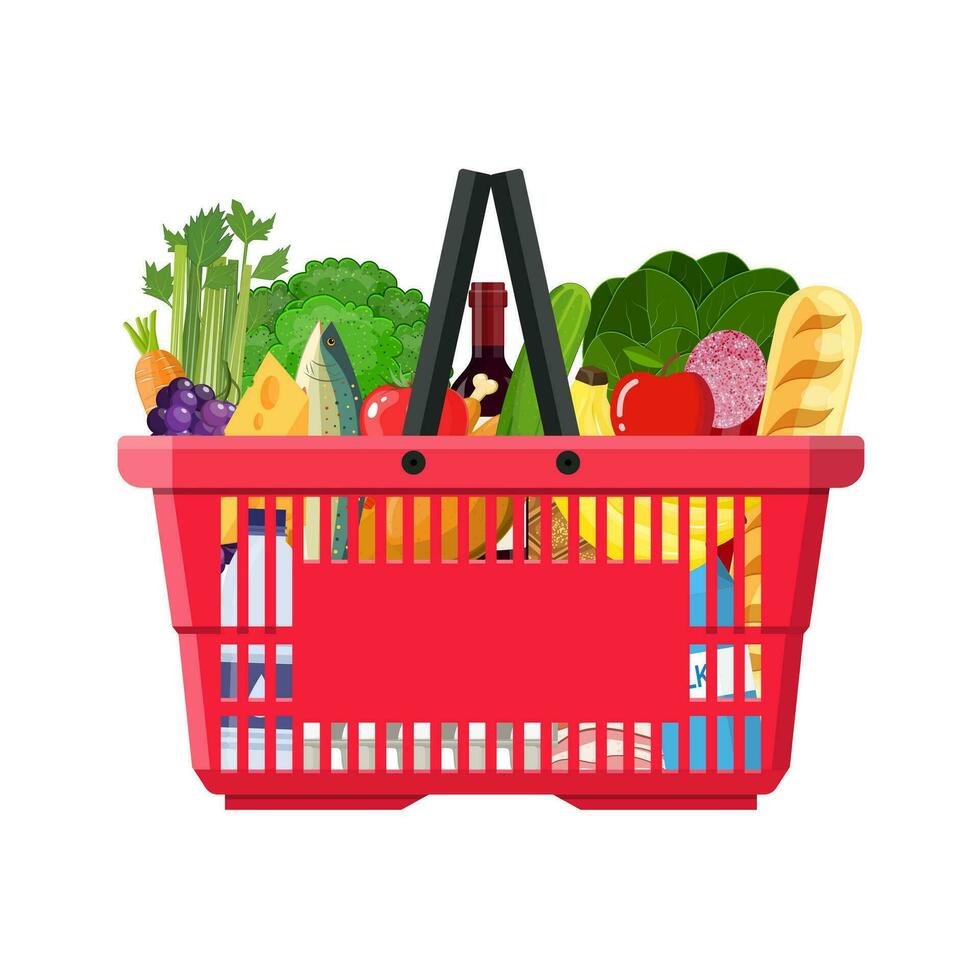 Paper shopping bag full of groceries products. vector