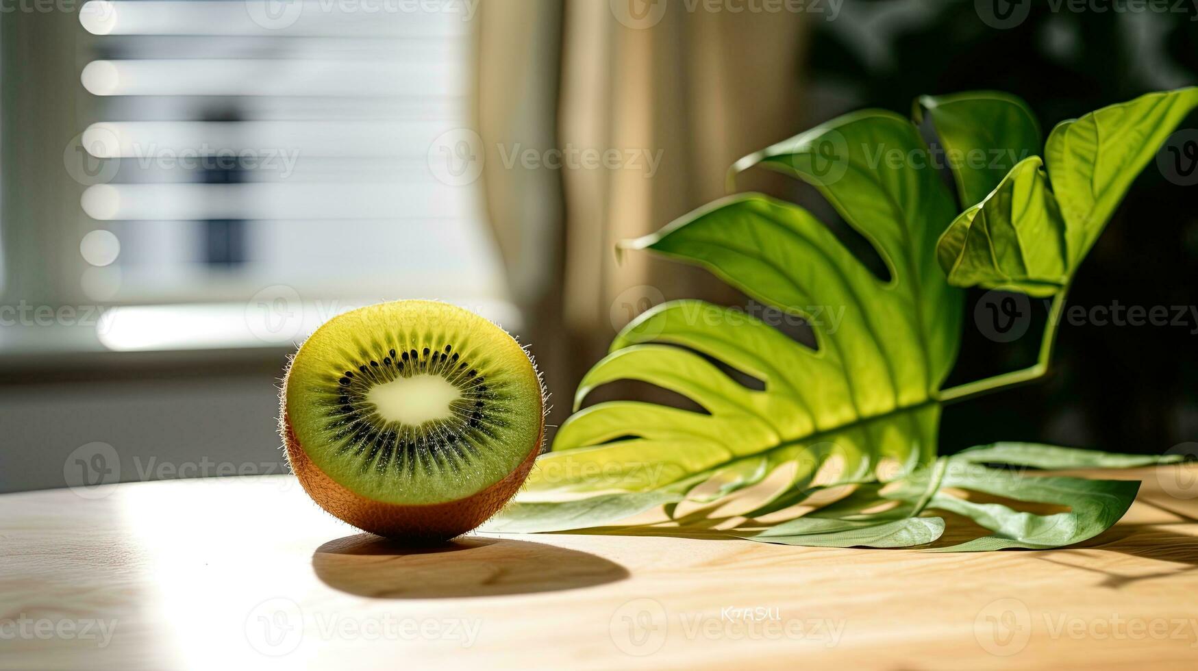 ai generado Fresco kiwi rebanada en el de madera mesa ai generativo foto