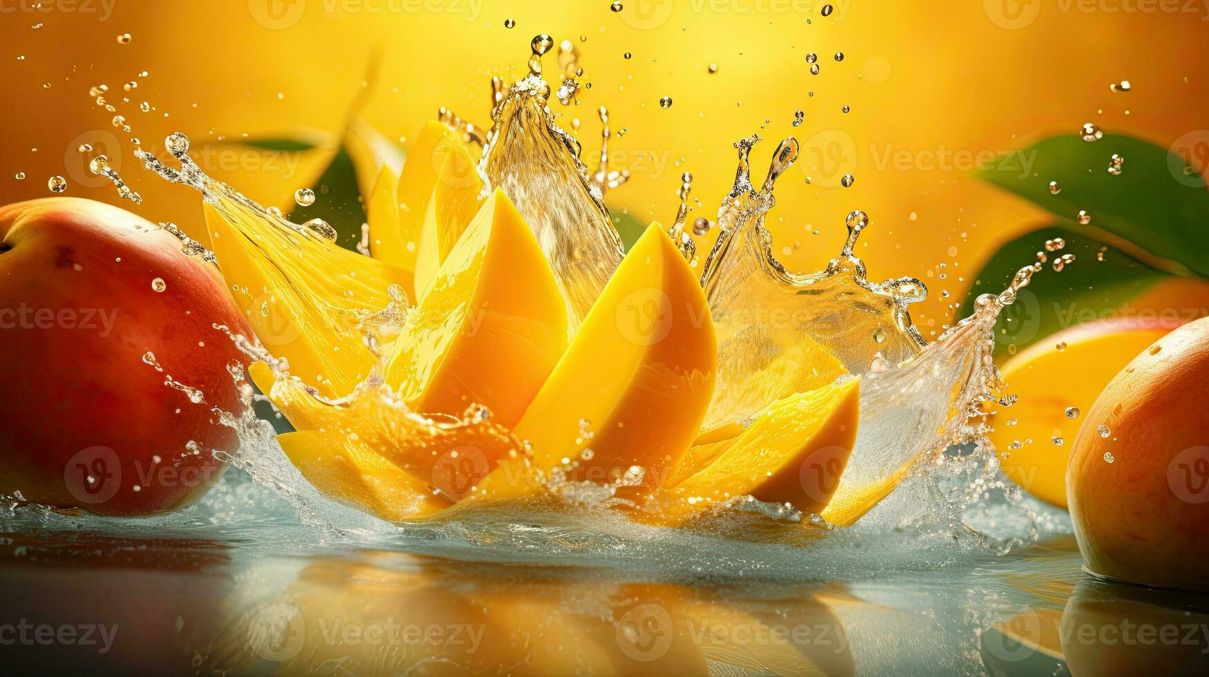 ai generado Fresco mango rebanada con agua chapoteo ai generativo foto