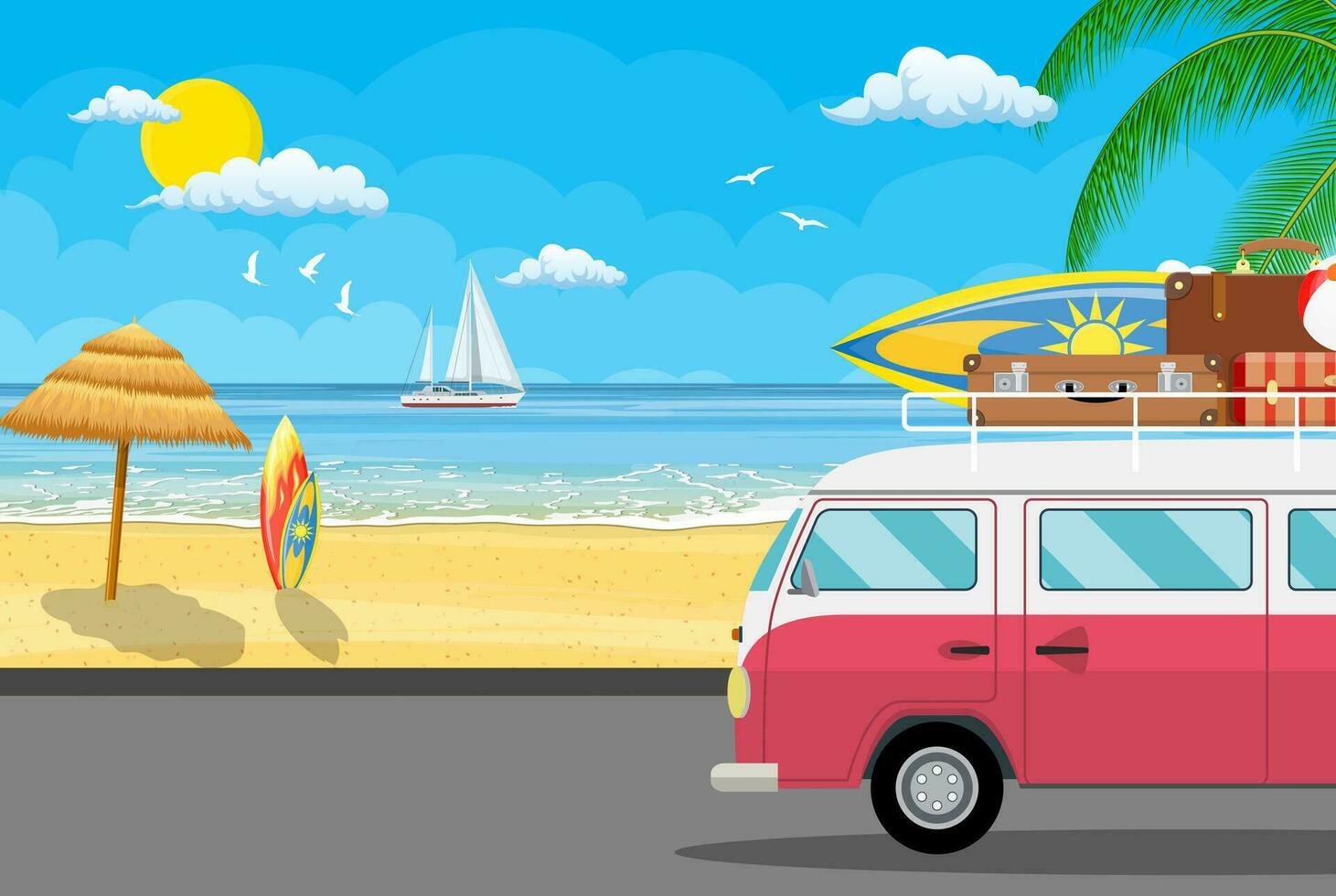 travel van with surfboard and suitcases vector