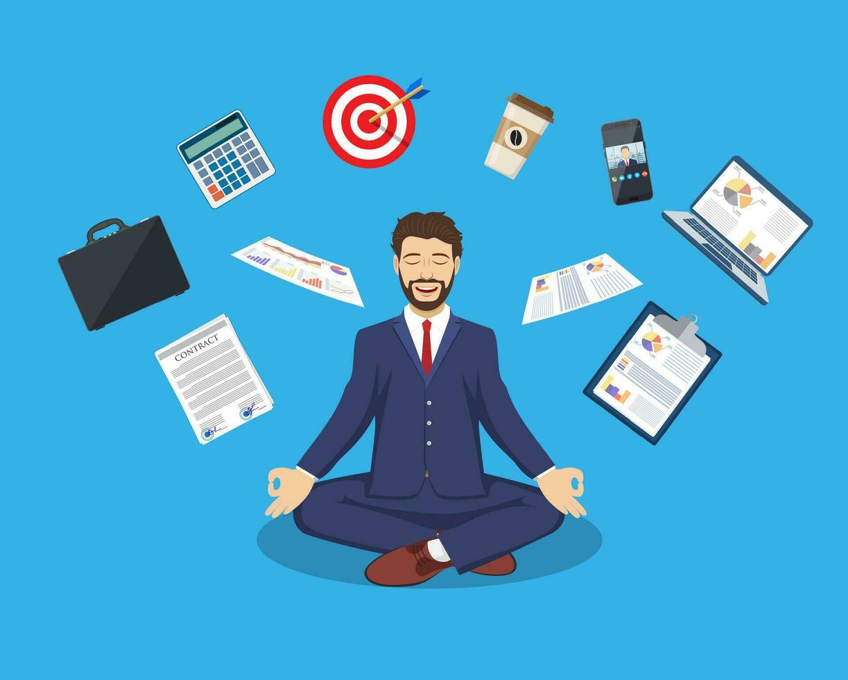 empresario meditando, hora gestión, vector