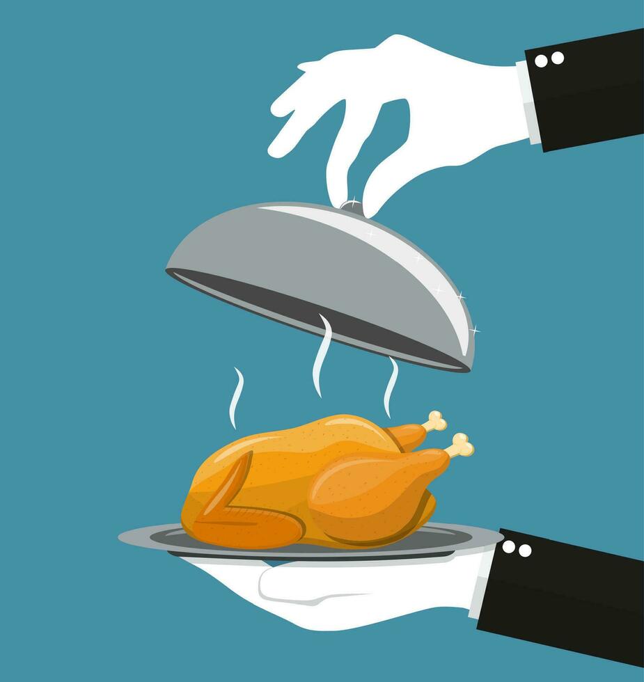 silver cloche serving Roasted chicken on plate. vector