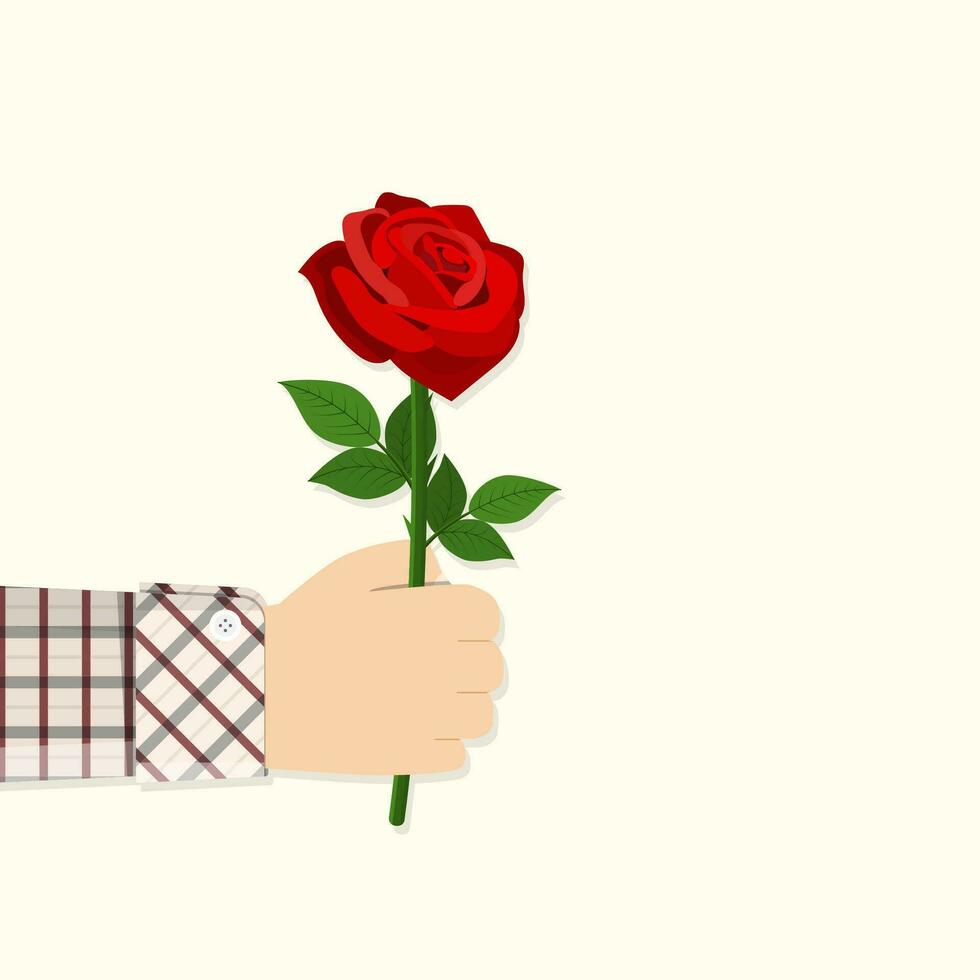 Man holding in hand red rose. vector