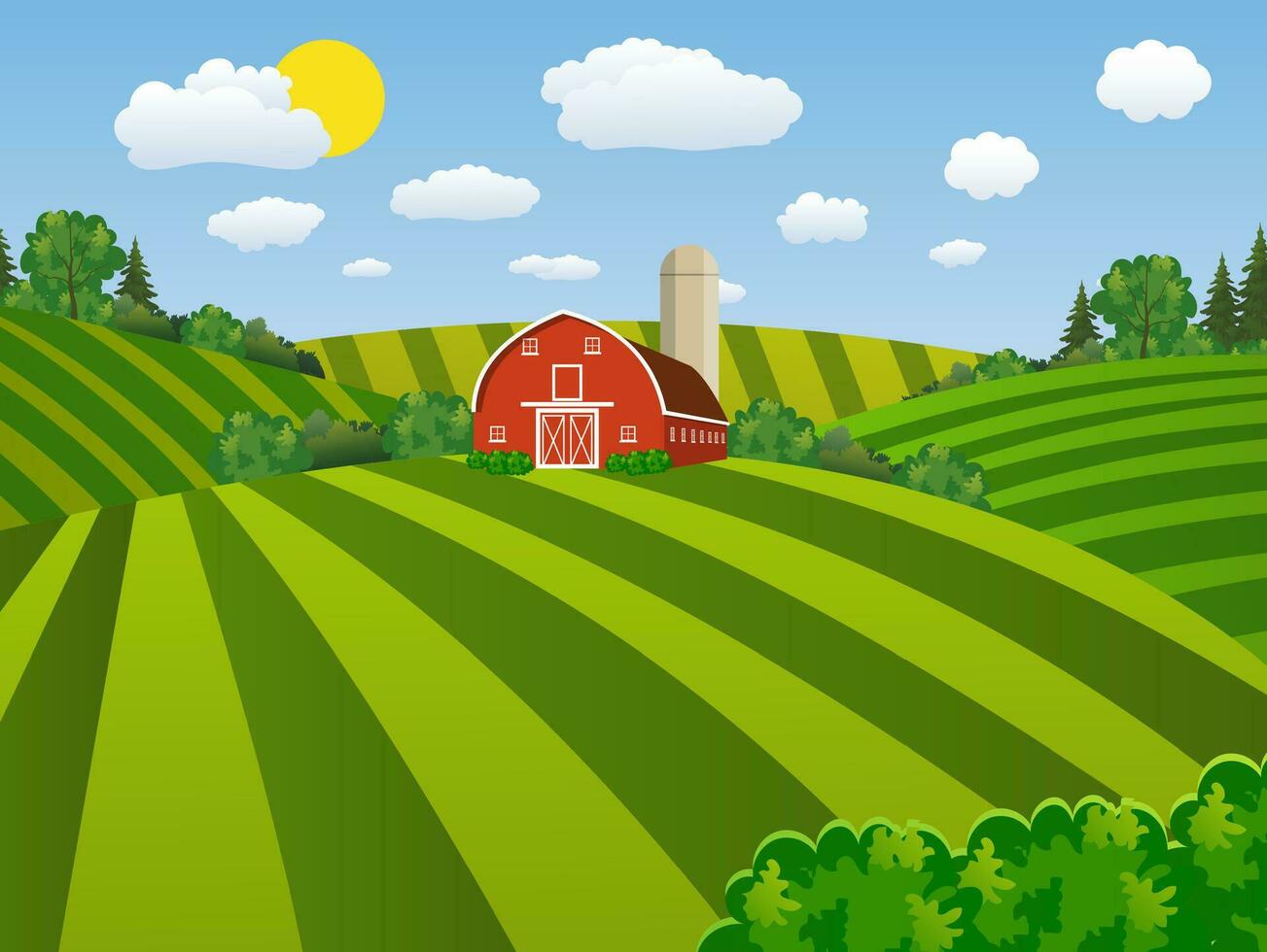 Cartoon farm green seeding field, vector