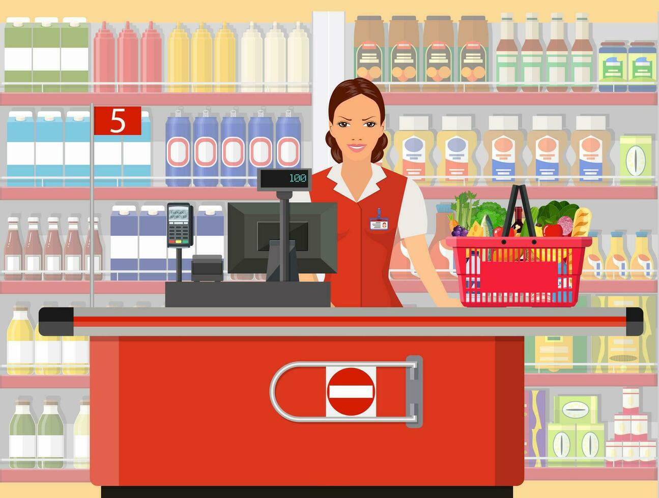 Groceries cashier at work. vector