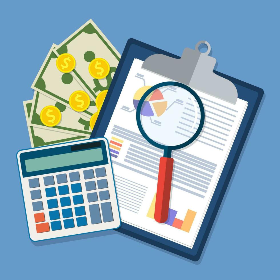 clipboard with financial reports and pen. vector