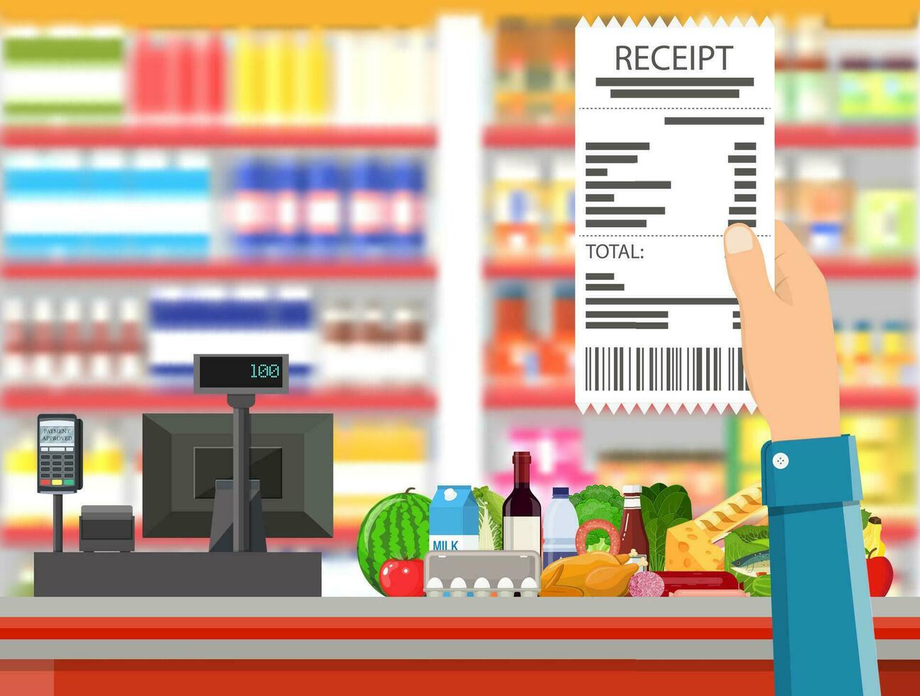 Supermarket interior. Cashier counter workplace. vector