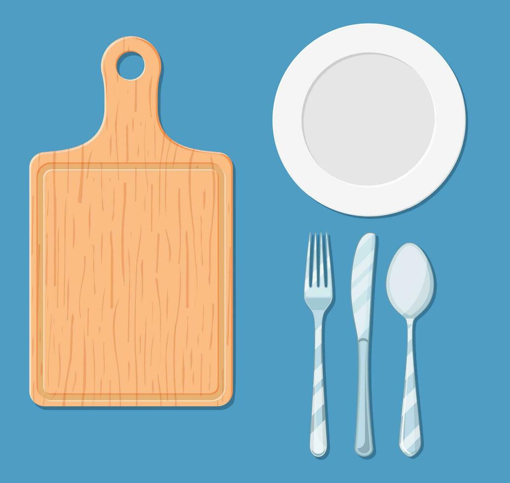 ork, knife, plate, spoon, cutting board vector