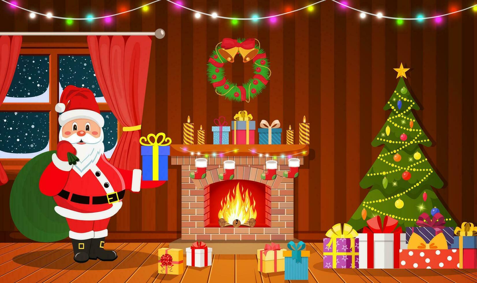 Papa Noel claus en Navidad habitación interior vector