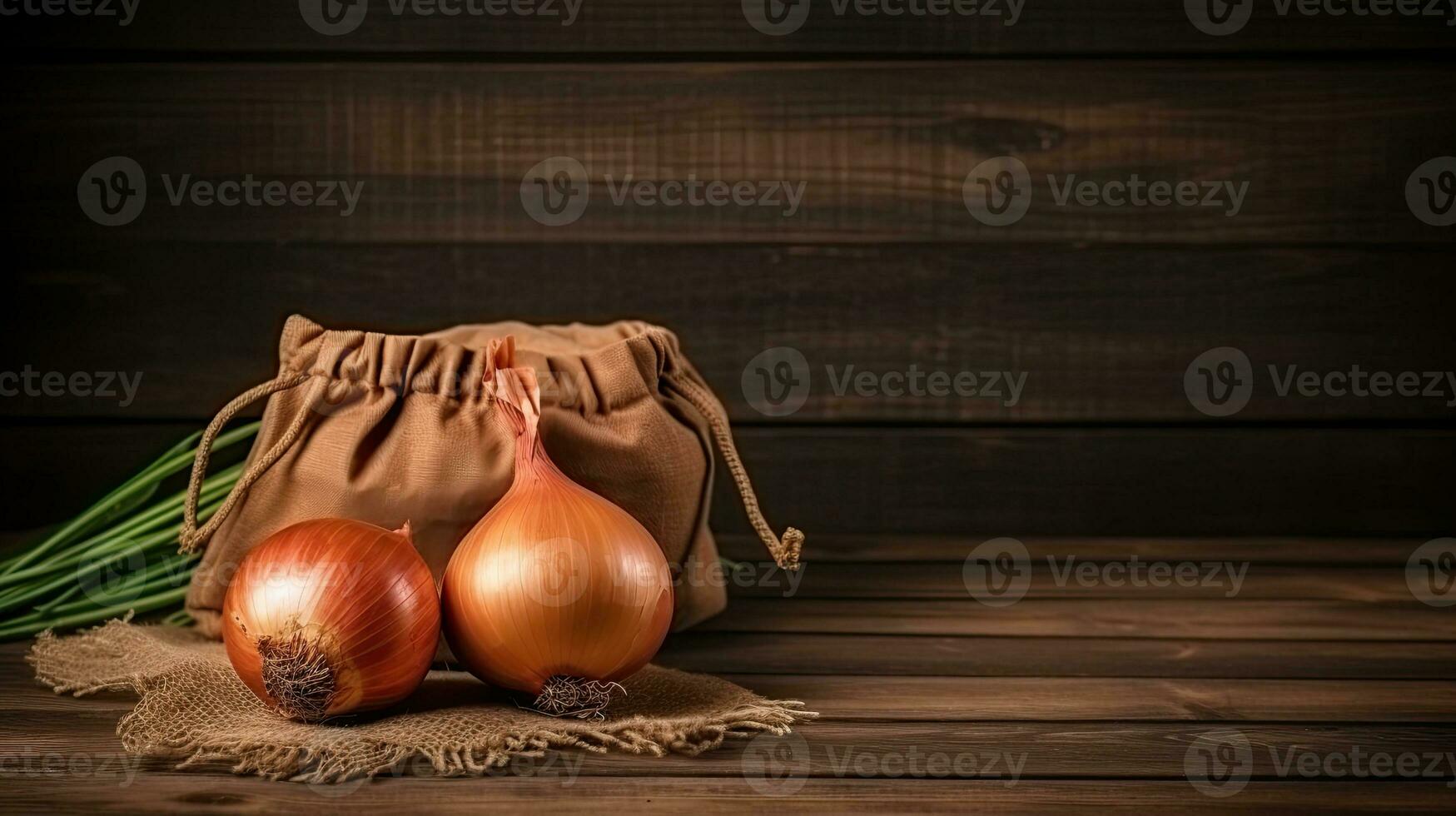 ai generado retrato cebolla con saco en el de madera mesa ai generativo foto