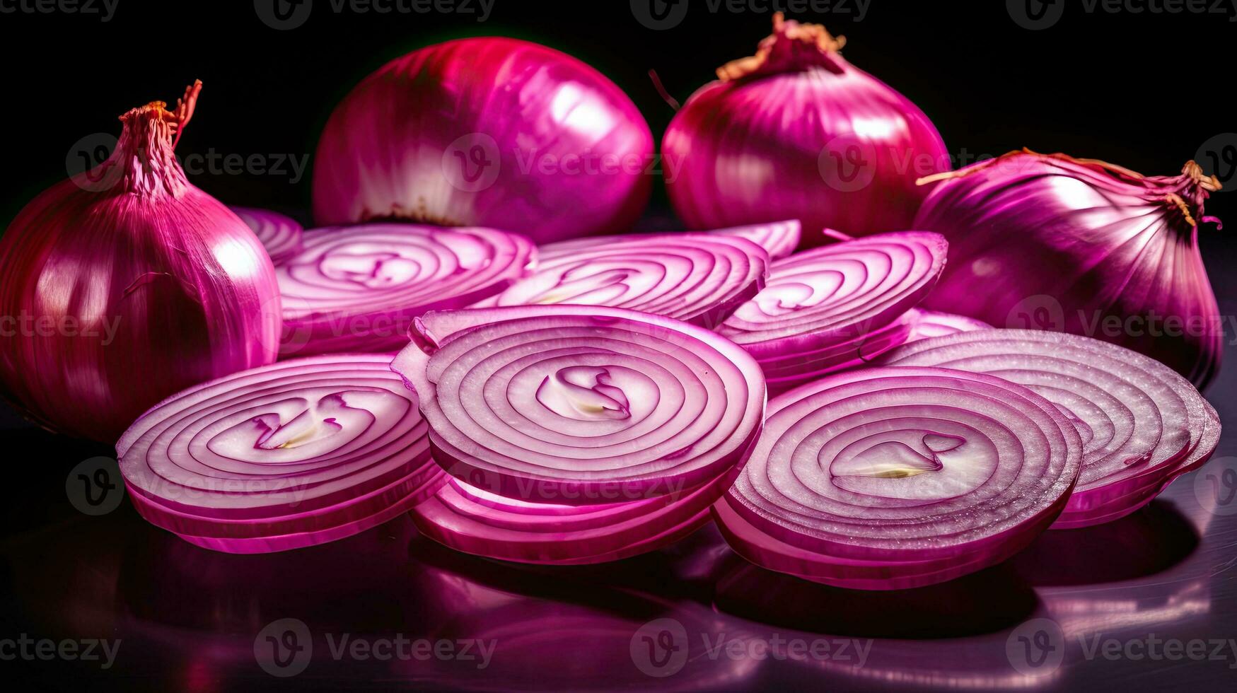 AI generated Portrait onion slices on the wooden table AI Generative photo