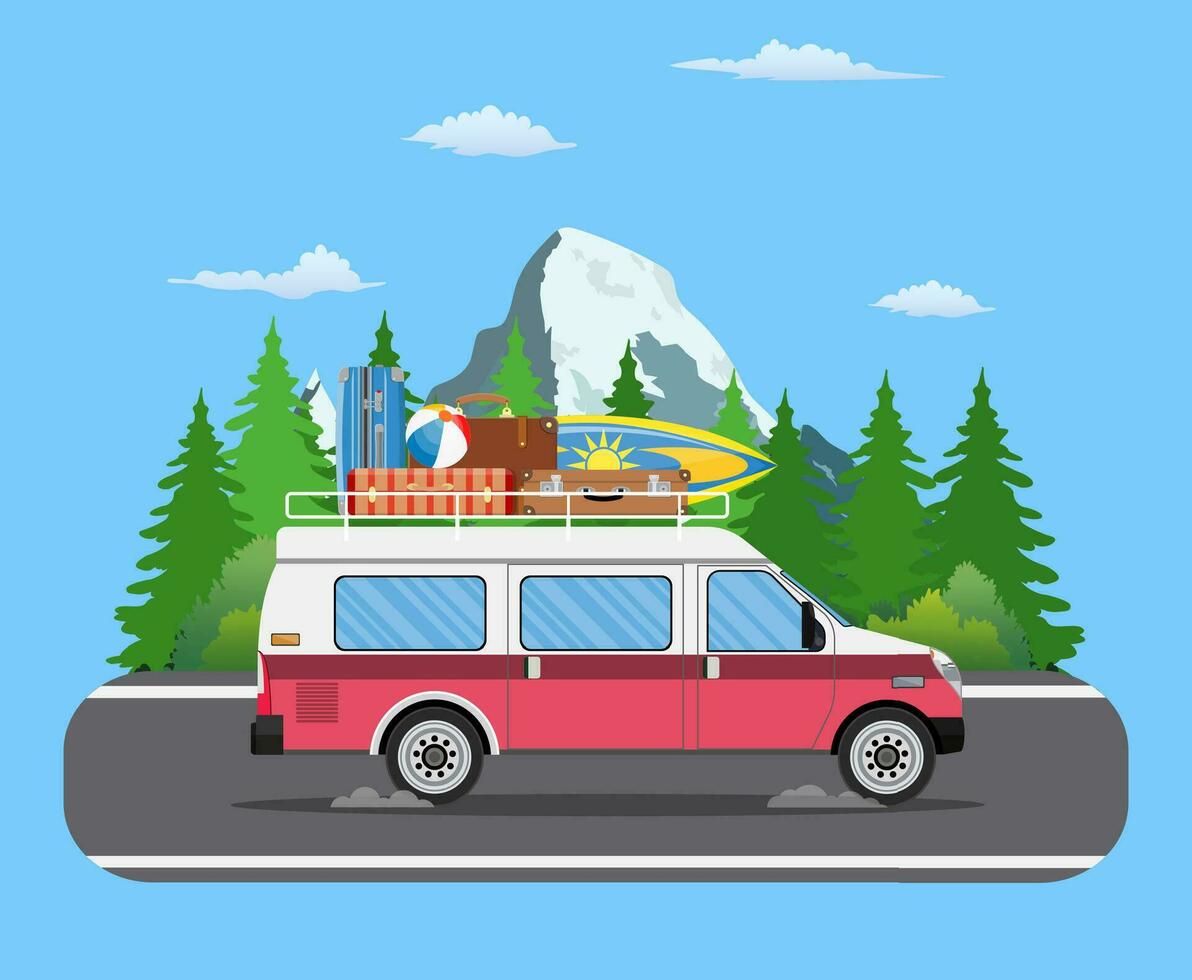 Road travel trailer driving on forest area road. vector