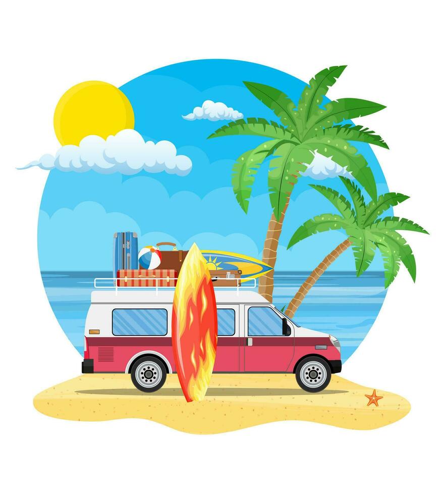 travel van with surfboard and suitcases vector