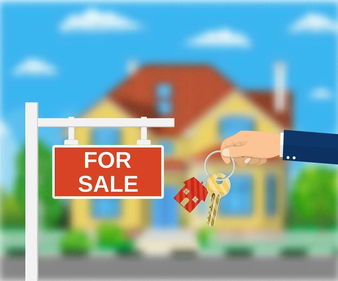 Sale placard sign. Hand of agent with keys. vector