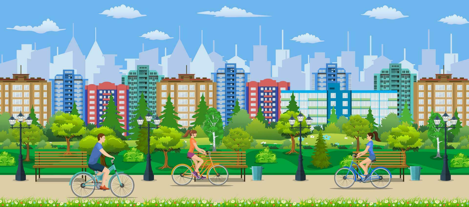 Riding Bicycles In Public Park, vector