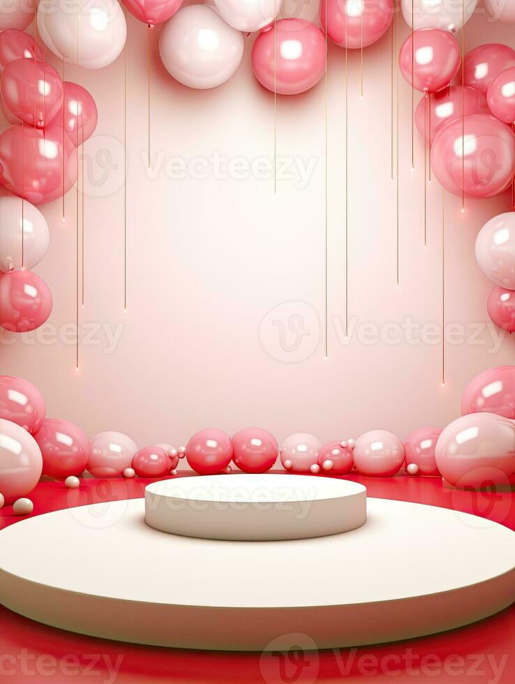 AI generated White podium with pink balloon AI Generative photo