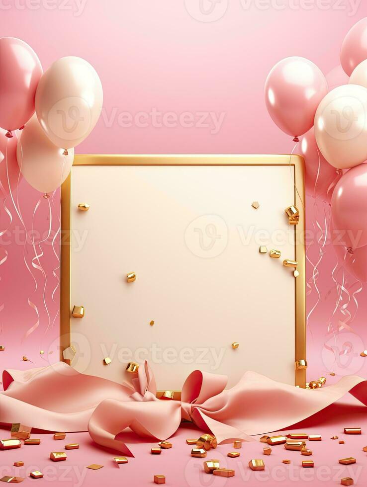 AI generated gold frame with balloon and ribbon AI Generative photo