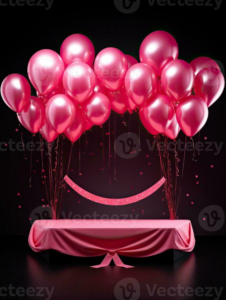AI generated Pink podium with pink balloon on the black background AI Generative photo