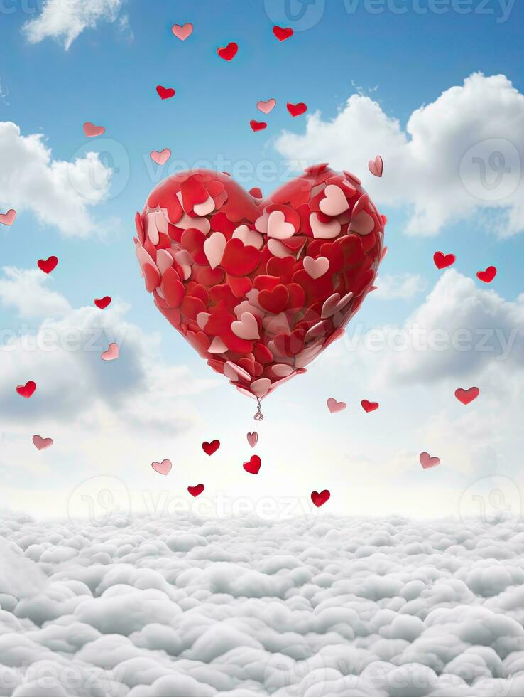 AI generated Red heart petals on the sky background AI Generative photo