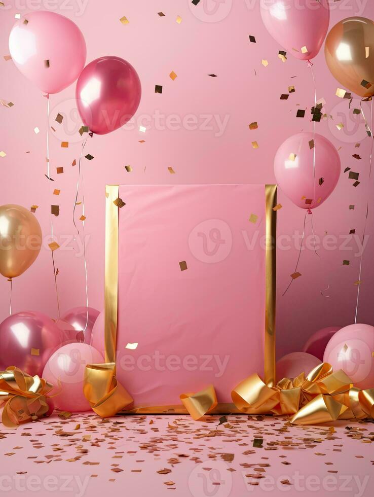 AI generated gold frame with pink balloon AI Generative photo