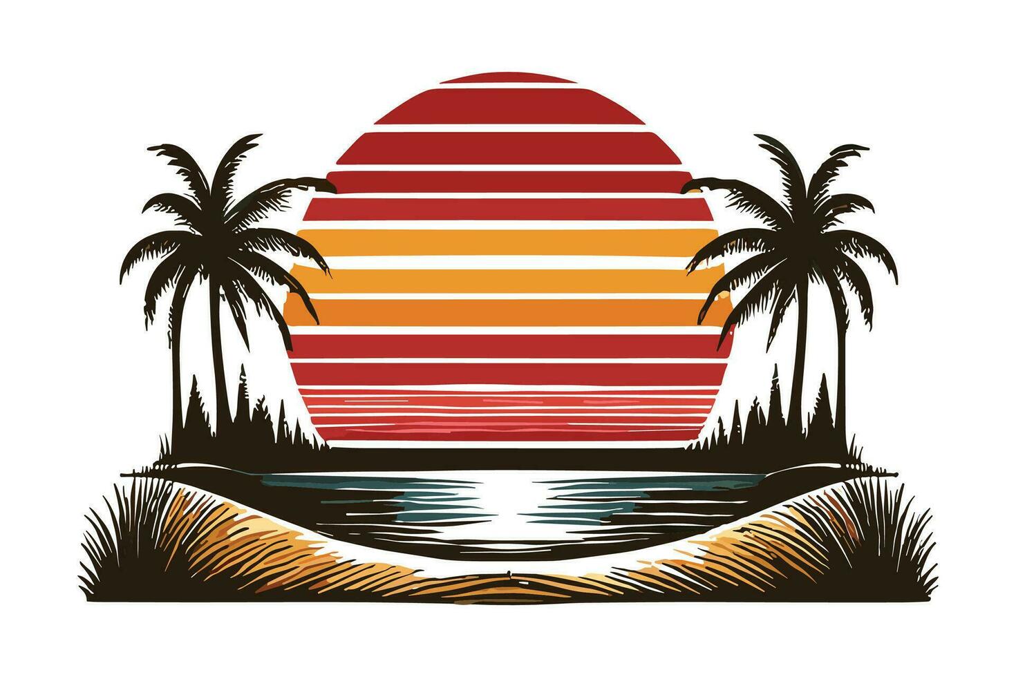 Vector tropical summer beach ocean sunset and sunrise view cartoon vector illustration