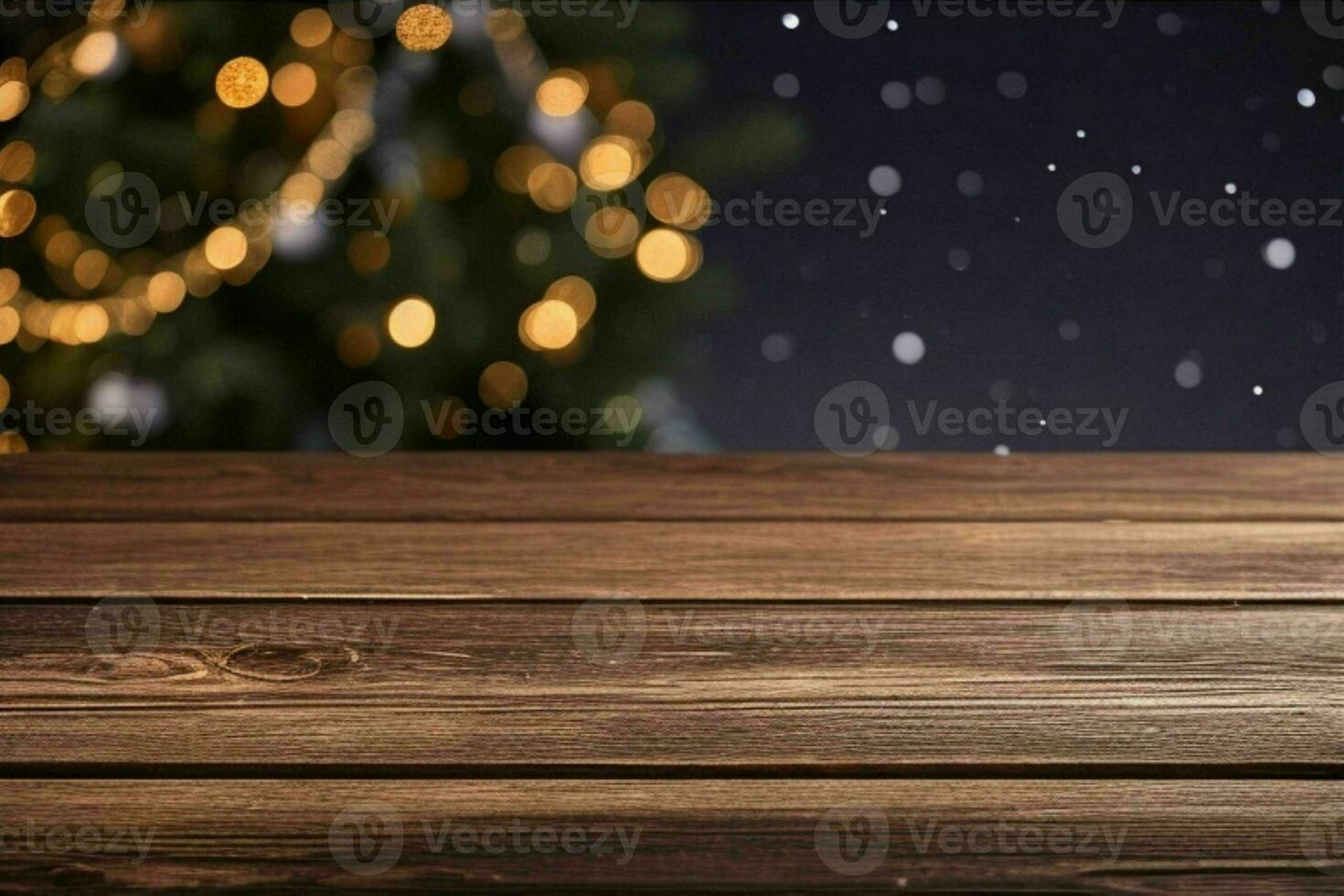 AI generated wood table in front of christmas light night, abstract circular bokeh background. Pro Photo