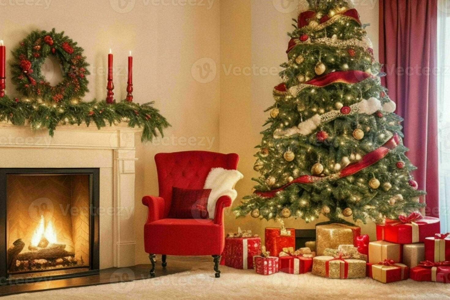 AI generated Christmas Tree with Gifts and Fireplace. Pro Photo