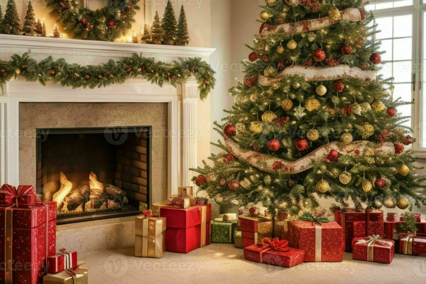 AI generated Christmas Tree with Gifts and Fireplace. Pro Photo