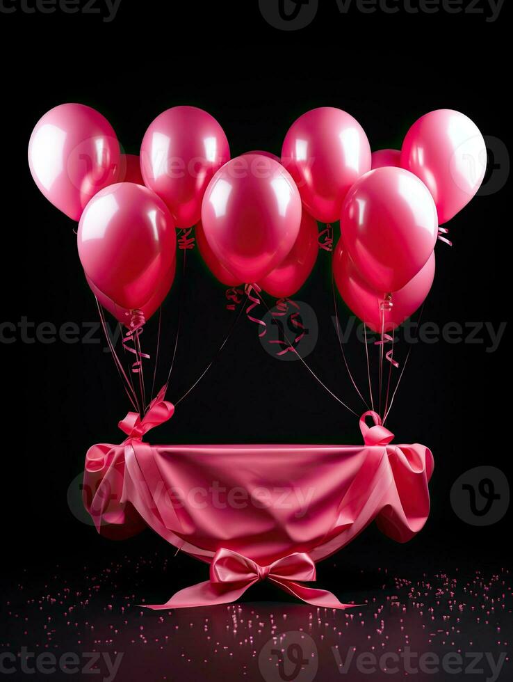 AI generated Pink stand with pink balloon on the black background AI Generative photo