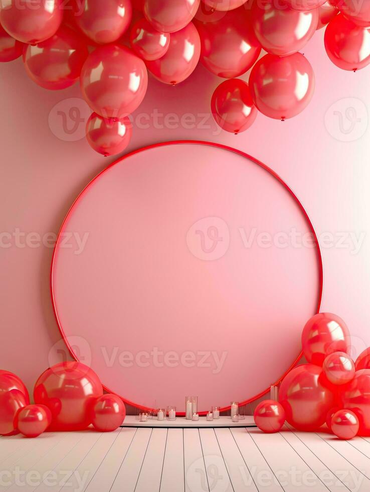 AI generated Pink circle rounded with red heart ballon AI Generative photo