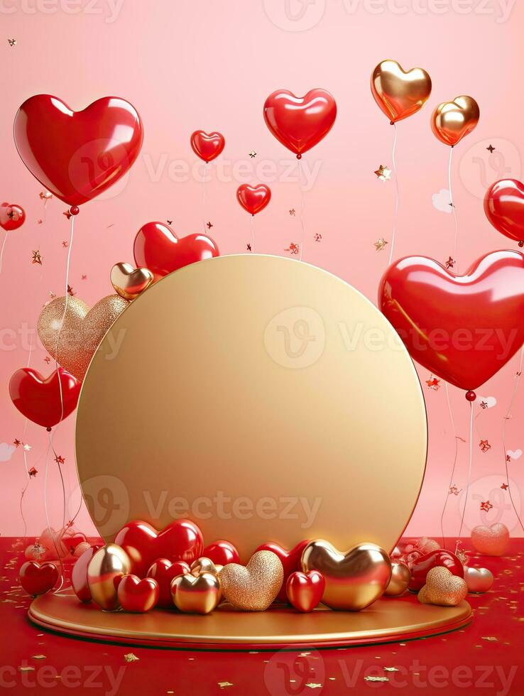 AI generated Gold circle rounded with red heart balloon AI Generative photo