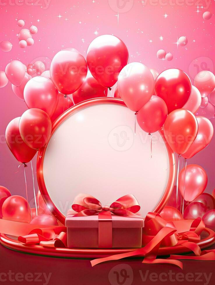 AI generated Red podium with red pink balloon AI Generative photo