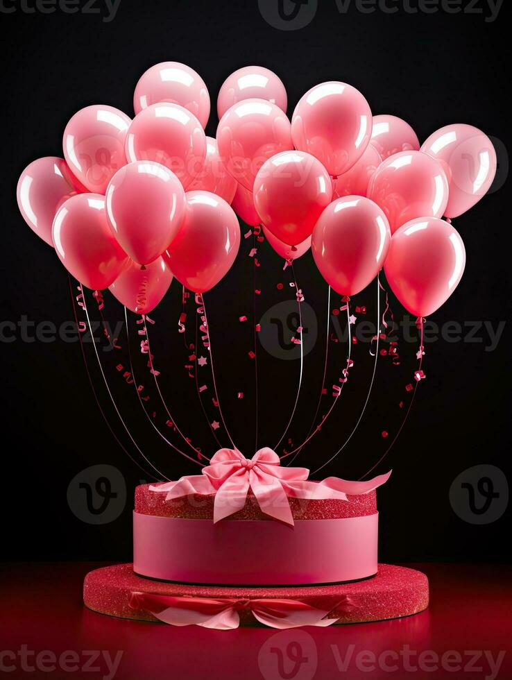 AI generated Portrait pink podium with pink balloon on the black background AI Generative photo
