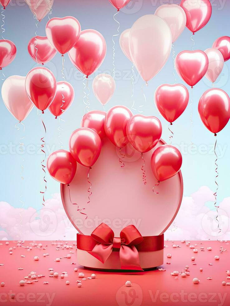 AI generated Red podium with red pink balloon AI Generative photo
