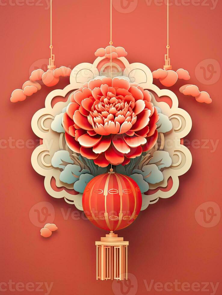 AI generated Portrait Chinese ornament with peony flower AI Generative photo