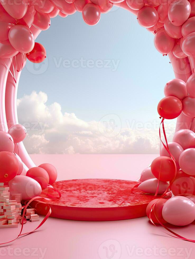 AI generated Red podium with red pink balloon AI Generative photo