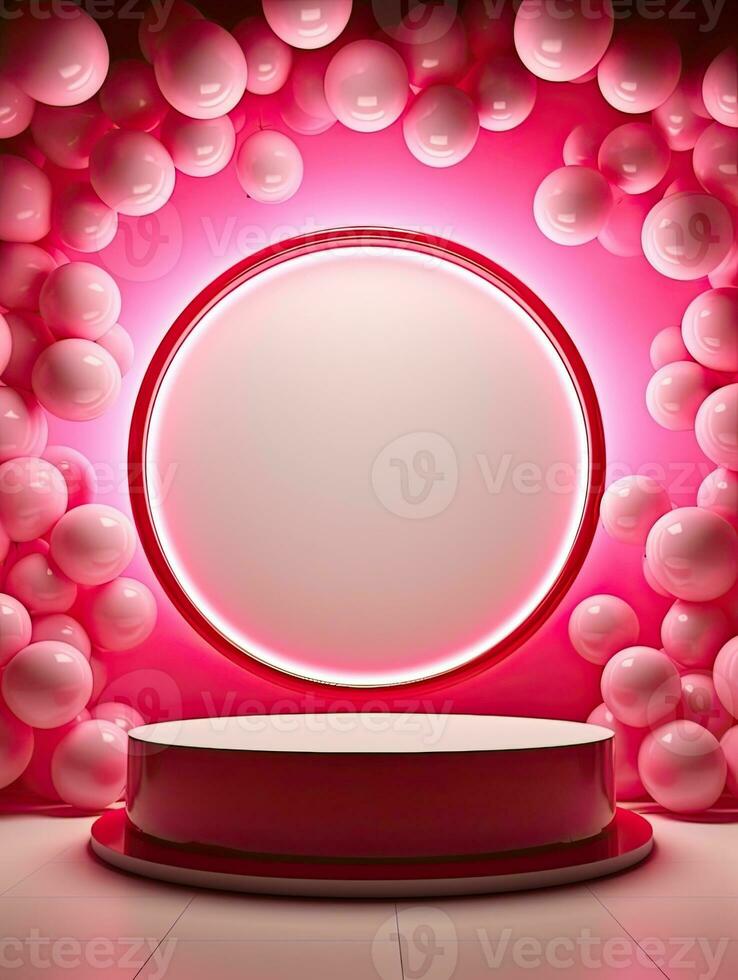 AI generated Circle neon light with podium and pink background AI Generative photo